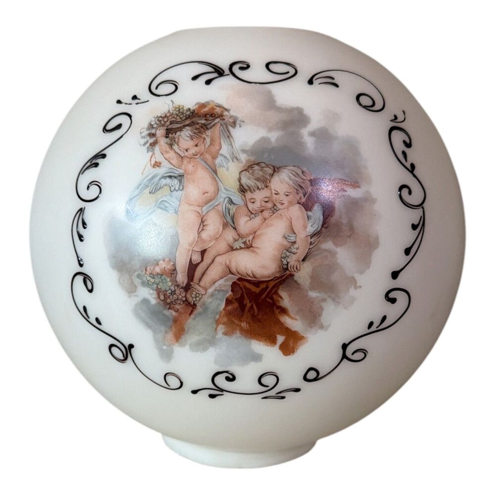 1900s Antique Victorian HandPainted Cherubs & Angels Milk Glass Lamp Shade Globe